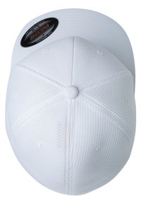 White baseball cap with structured design, featuring a smooth top, mesh panels for breathability, and a textured fabric.