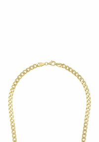 Collana in oro con piastre di maglia piatta e chiusura a moschettone su sfondo bianco.