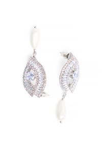 Silver-tone earrings featuring a leaf-shaped design with clear rhinestones, a central gem, and a pearlescent pearl drop accent.