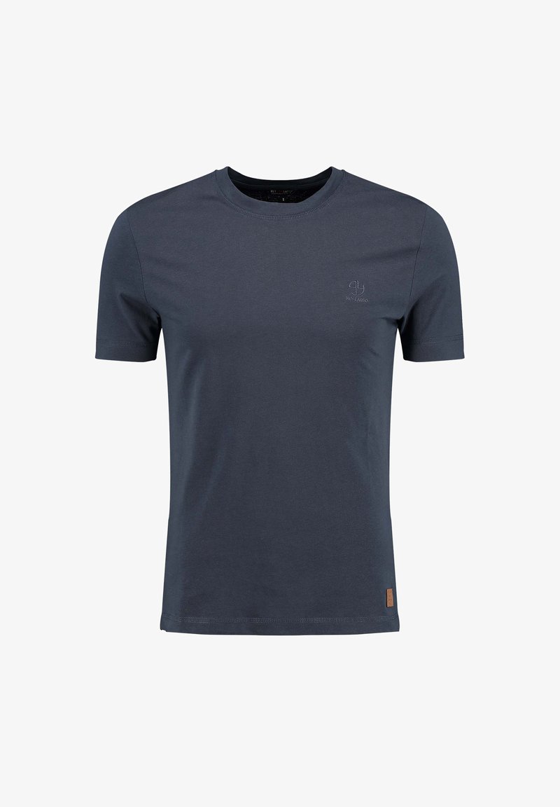 T-shirt in cotone blu navy con colletto rotondo e maniche corte; presenta un logo discreto sul petto e un piccolo etichetta di marca sull'orlo.