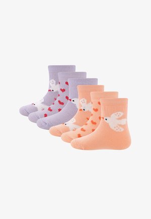Six pairs of children's socks in purple and peach, featuring white bird and red heart patterns, arranged in two sets on a white background.