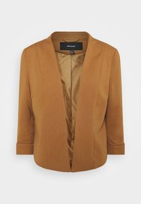 Brązowa, dopasowana marynarka z rękawami do łokcia, kołnierzem szalowym i otwartym przodem, z gładką satynową podszewką. Minimalistyczny design.