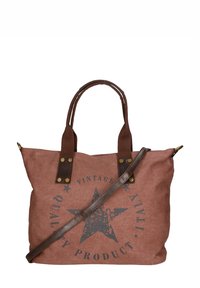 Borsa a tracolla in tela color ruggine con dettagli in pelle marrone, caratterizzata da una grafica a stella e testo: "PRODOTTO DI QUALITÀ VINTAGE ITALIA."