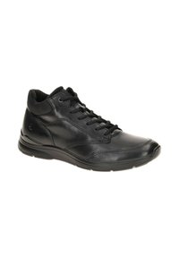 Sneaker alta in pelle nera con punta arrotondata, chiusura con lacci, colletto imbottito e suola in gomma testurizzata per una migliore aderenza.