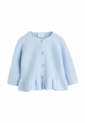 Hellblauer, gestrickter Baby-Cardigan mit langen Ärmeln, vier Knöpfen vorne und einem gerafften Saum.