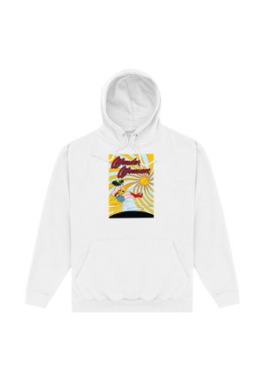 Weiße Kapuzenjacke mit einem vorderen Grafikdesign von Wonder Woman, umgeben von einem gelben Sonnenstrahl-Hintergrund. Das Material wirkt weich und gemütlich.
