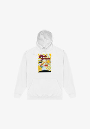 Biały hoodie z grafika Wonder Woman na przodzie, otoczonej żółtą aureolą słoneczną. Materiał wydaje się miękki i przytulny.