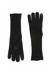 Schwarze Strickhandschuhe mit gerippter Struktur, zulaufenden Fingern und texturiertem Handflächenbereich. Die fingerspitzen sind touchscreen-kompatibel und verfügen über graue Akzente.