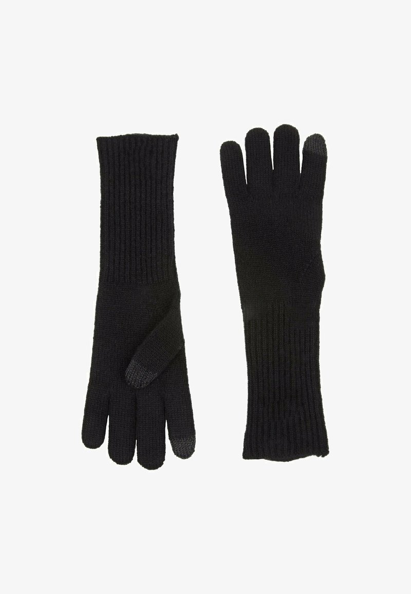 Schwarze Strickhandschuhe mit gerippter Struktur, zulaufenden Fingern und texturiertem Handflächenbereich. Die fingerspitzen sind touchscreen-kompatibel und verfügen über graue Akzente.