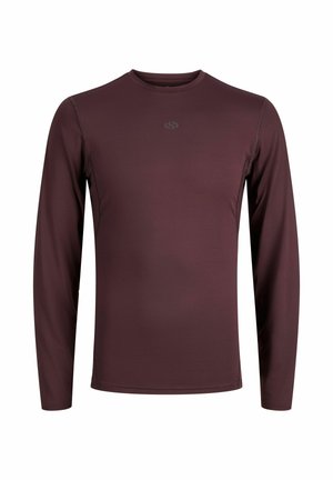 T-shirt de sport à manches longues et col rond en bordeaux foncé avec un petit logo gris centré sur la poitrine sur fond blanc.