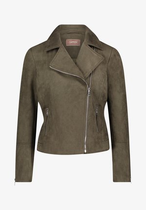 Chaqueta biker de ante verde oliva con cremallera plateada asimétrica, solapas anchas, bolsillos laterales con cremallera y mangas largas con puños con cremallera.