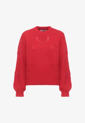 Maglione rosso lavorato a maglia con collo tondo a coste, polsini e orlo, caratterizzato da motivi a forma di cuore e dettagli con perline sulle maniche.
