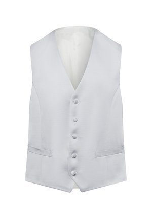 Light gray waistcoat made of smooth fabric, featuring a V-neck, six buttons down the front, and two side pockets.