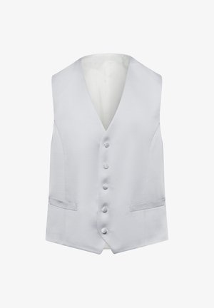Light gray waistcoat made of smooth fabric, featuring a V-neck, six buttons down the front, and two side pockets.