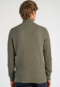 Stickad tröja i olivgrönt med hög krage, med ett texturerat kabelmönster, ribbade ärmslut och nederkant, sedd bakifrån.