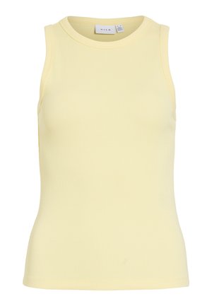 Débardeur côtelé sans manches jaune pâle avec encolure ronde, en tissu extensible, marque VILA, taille M.