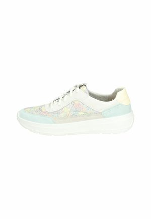 Sneakers con una toma superiore in tessuto multicolore e testurizzato, dettagli azzurri chiari, suola bianca e tallone neutro in design low-top.