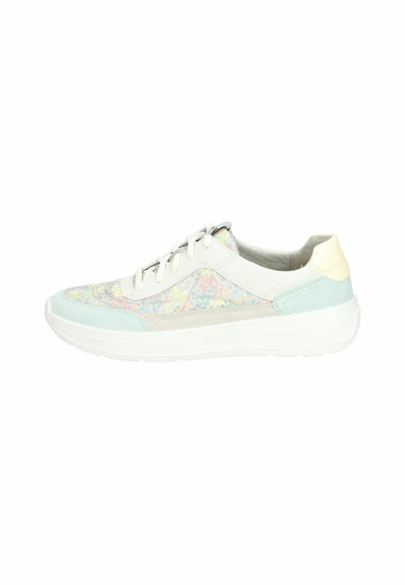 Sneaker mit einem mehrfarbigen, strukturierten Obermaterial, hellblauen Akzenten, weißer Sohle und neutralem Absatz in einem Low-Top-Design.