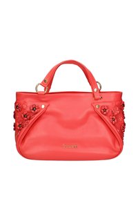 Borsa in corallo realizzata in pelle liscia, con applicazioni floreali su un lato, manici superiori e dettagli in metallo dorato. Logo in oro.