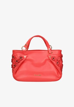 Borsa in corallo realizzata in pelle liscia, con applicazioni floreali su un lato, manici superiori e dettagli in metallo dorato. Logo in oro.