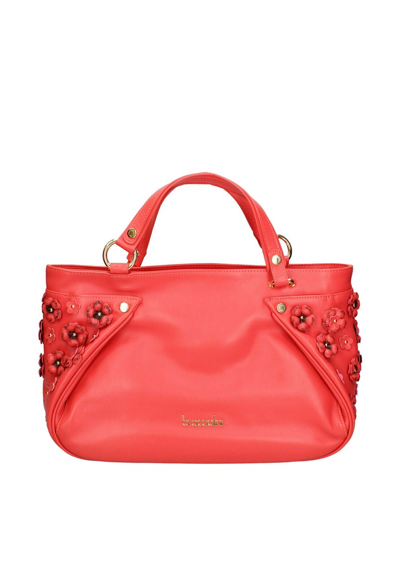 Borsa in corallo realizzata in pelle liscia, con applicazioni floreali su un lato, manici superiori e dettagli in metallo dorato. Logo in oro.