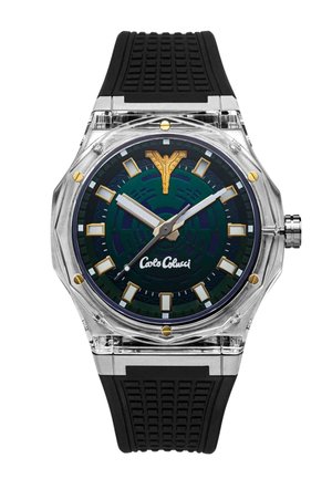 Clear watch with black dial and gold markers, silver hands, black rubber strap, and Carlo Colucci logo below center.