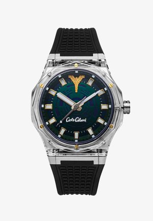Clear watch with black dial and gold markers, silver hands, black rubber strap, and Carlo Colucci logo below center.