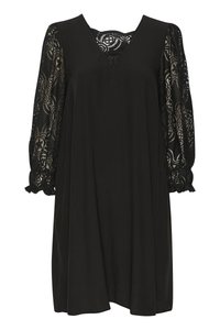 Vestido negro con escote en V y mangas largas tipo globo hechas de encaje transparente, con patrones florales. Tejido suave, diseño hasta la rodilla.