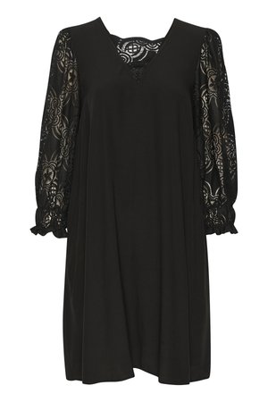 Fekete, V-kivágású ruha, hosszú ballonujjakkal, áttetsző csipkéből, virágmintákkal. Simább anyag, térd length design.