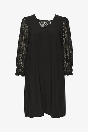 Fekete, V-kivágású ruha, hosszú ballonujjakkal, áttetsző csipkéből, virágmintákkal. Simább anyag, térd length design.
