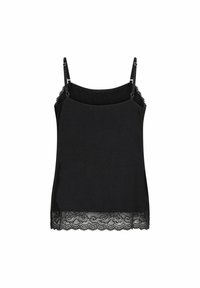 Camisola nera in tessuto morbido, con spalline sottili e regolabili e orlo in pizzo a scallop. Design semplice ed elegante.
