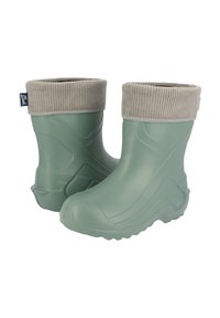 Bottes imperméables vertes avec une finition texturée et un revers en velours côtelé beige. Elles disposent d'une semelle antidérapante et d'un bout arrondi pour plus de stabilité.