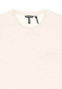 T-shirt da uomo di colore beige chiaro, realizzato in materiale morbido, con collo a girocollo, una sottile texture e un logo ricamato sul davanti.