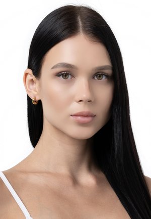 Orecchini a cerchio dorati, finitura liscia, forma circolare. Modella con capelli neri lisci, trucco neutro e una maglietta bianca, su uno sfondo bianco.