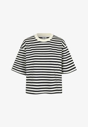 Juodai balta juostuota trumpomis rankovėmis marškinėliai su apvaliu iškirpimu ir laisvu siluetu. Audinys atrodo lygus, su tolygiai išdėstytomis horizontaliomis juostomis.