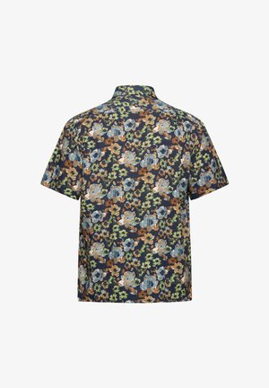 Lühikeste varrukatega särk, millel on tume lilleline mustril sinise, rohelise ja pruuniga. Valmistatud kergest kangast; sisaldab lamedat kraed ja vabalt langemist.