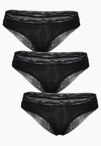 Set di biancheria intima nera in pizzo, composto da tre paia con bordo in pizzo floreale, tessuto semi-trasparente e design con cintura nera a contrasto.