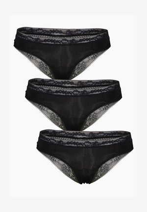 Set di biancheria intima nera in pizzo, composto da tre paia con bordo in pizzo floreale, tessuto semi-trasparente e design con cintura nera a contrasto.