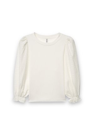 Maglietta bianca a maniche lunghe per ragazze con maniche a sbuffo in tessuto traforato e polsini arricciati elasticizzati, con scollatura rotonda e davanti semplice.