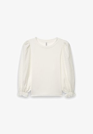 Maglietta bianca a maniche lunghe per ragazze con maniche a sbuffo in tessuto traforato e polsini arricciati elasticizzati, con scollatura rotonda e davanti semplice.