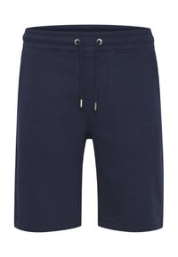 Mørkeblå bomullsshorts med elastisk midje, snøring og sidelommer. Glatt tekstur med minimale sømdetaljer.