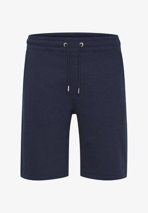 Granatowe bawełniane szorty z elastycznym pasem, zwężanymi troczkami i bocznymi kieszeniami. Gładka tekstura z minimalnymi detalami szwów.