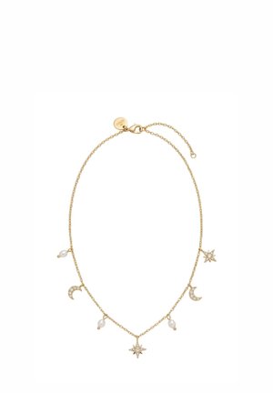 Zarte goldene Halskette mit Stern-, Mond- und Perlenanhängern, gleichmäßig entlang der Kette verteilt, mit Karabinerverschluss.