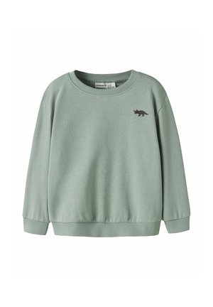 Jasnozielona dziecięca bluza z prążkowanymi mankietami i dołem, z małą grafiką dinozaura na lewej piersi.