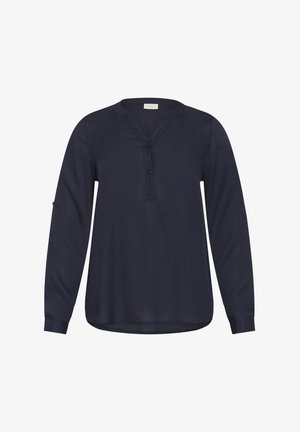 Marineblå långärmad blus i lätt material med avslappnad passform, V-hals, knäppning och manschetter med knappdetalj.