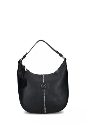Borsa a spalla in pelle nera con parte superiore curvata, striscia verticale centrale decorata, logo circolare e tracolla regolabile con hardware argentato.