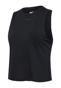 Schwarzes ärmelloses sportliches Tanktop mit rundem Ausschnitt und dezenter hummel-Logo auf der Brust, hergestellt aus leichtem, atmungsaktivem Stoff.