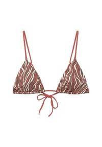 Trojúhelníkový bikiny top z texturované látky s odvážným zebrovaným vzorem v červené, hnědé a krémové barvě, se stahovacími pásky.