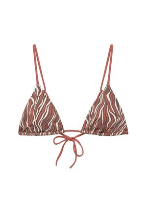 Trojúhelníkový bikiny top z texturované látky s odvážným zebrovaným vzorem v červené, hnědé a krémové barvě, se stahovacími pásky.