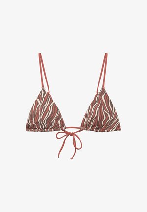 Triangularni bikini top iz teksturirane tkanine s boldici zebrastim vzorcem v rdeči, rjavi in kremni barvi ter nastavljivimi vezalkami.